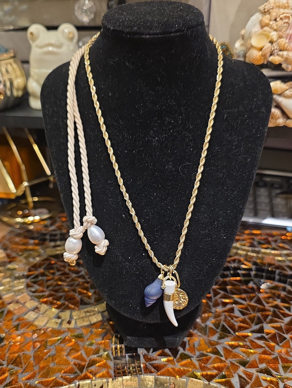 Gold Rope Necklace with Blue and White Charm Details